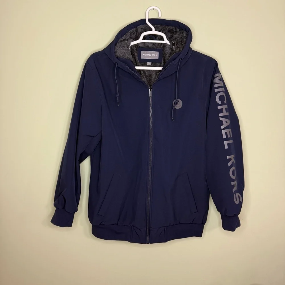 Michael Kors Men XL tall Blue soft shell full zip hooded arm logo Jacket coat